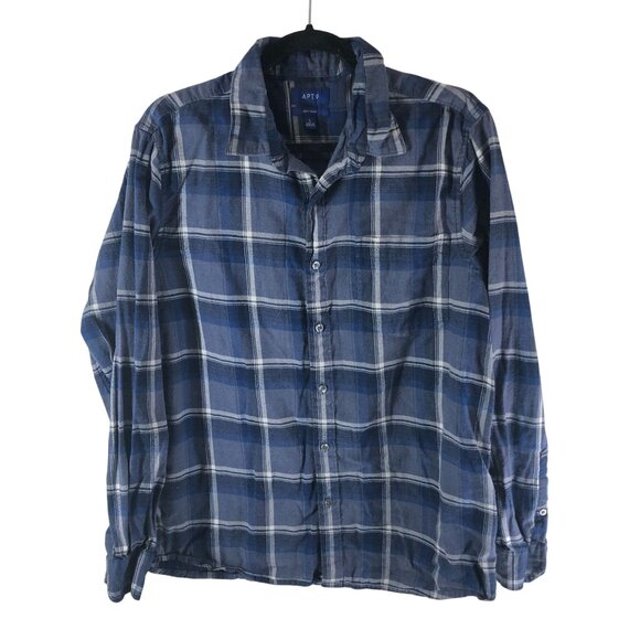 Apt 9 Mens Flannel Shirt Soft Touch Button Down Chest Pocket Cotton Plaid Blue L - Picture 1 of 4